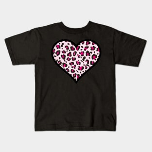 Double Pink and Black Leopard Print Heart Kids T-Shirt